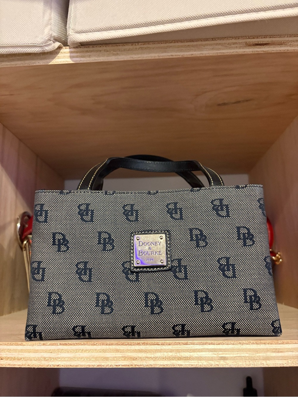 Dooney & Bourke Navy Monogram Canvas Satchel with Red Strap Accents